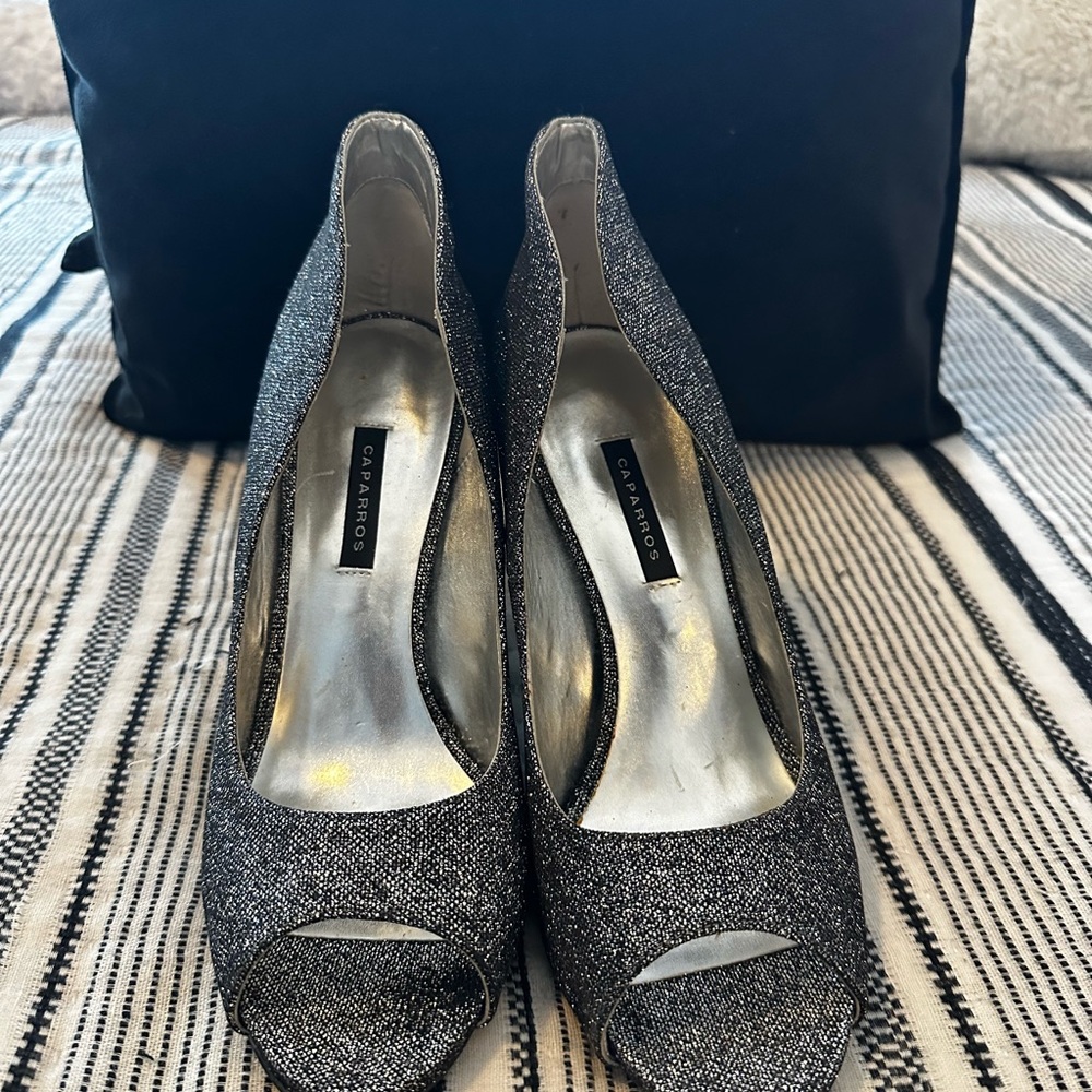 Caparros Silver Glitter Heels Peep-Toe